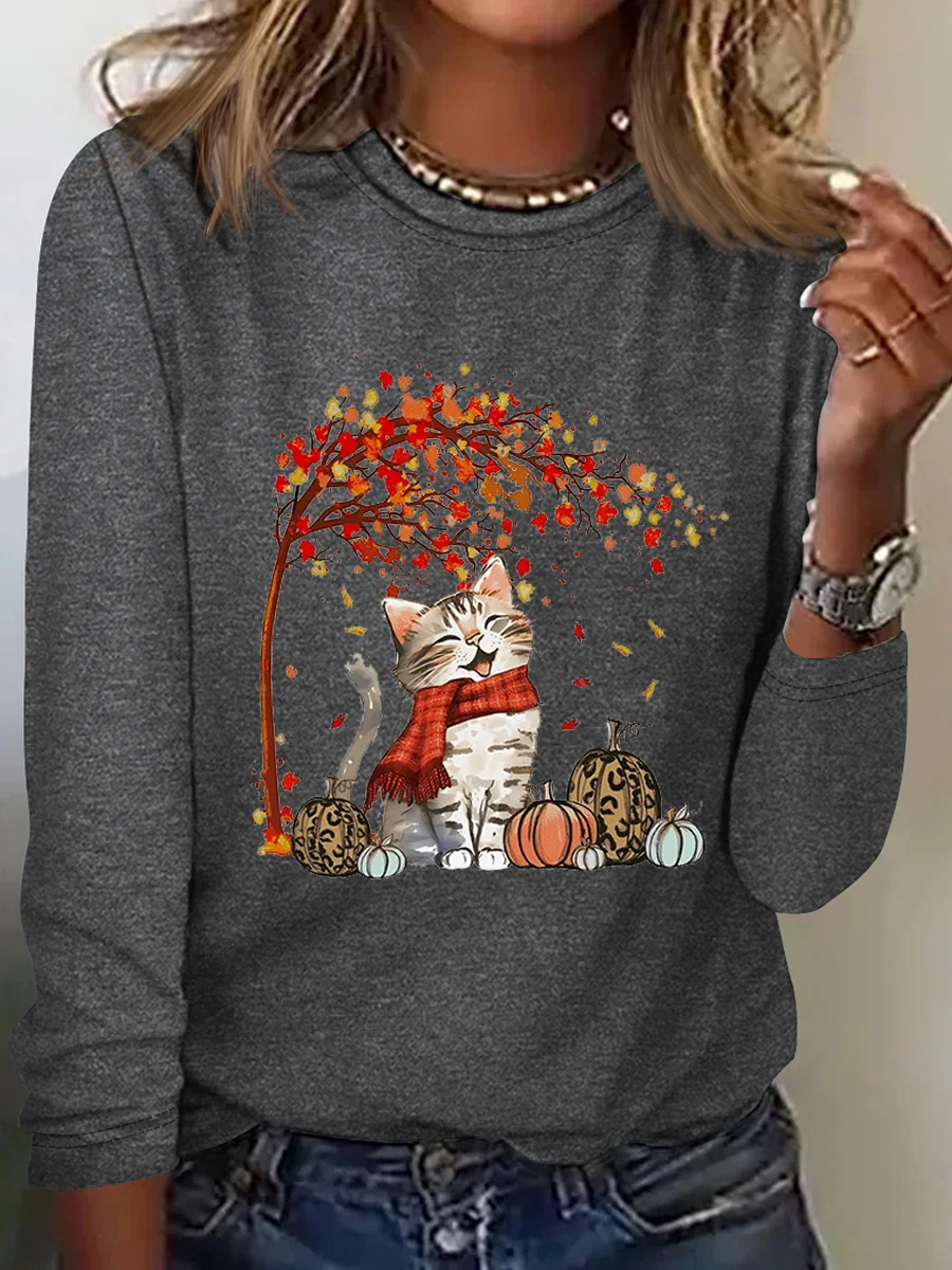 Crew Neck Long Sleeve Cat Regular Micro-Elasticity Regular Fit Blouse For Women