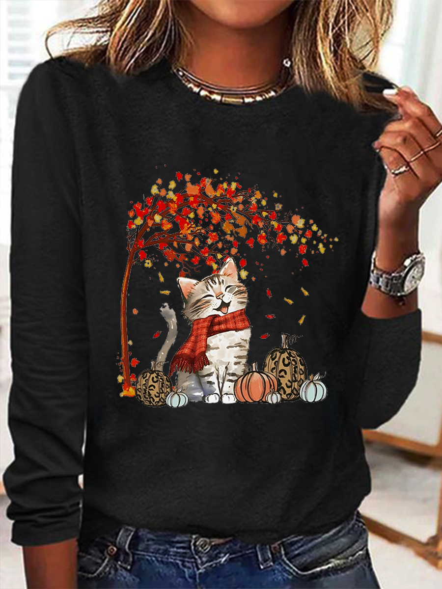 Crew Neck Long Sleeve Cat Regular Micro-Elasticity Regular Fit Blouse For Women