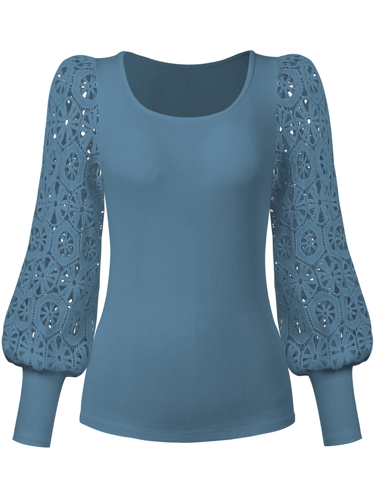 Crew Neck Long Sleeve Plain Lace Regular Micro-Elasticity Loose Shirt For Women