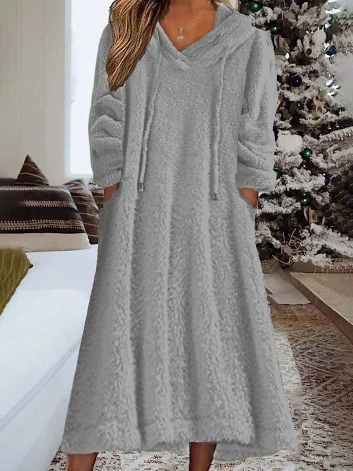 Women Plain Hoodie Long Sleeve Comfy Casual Maxi Dress