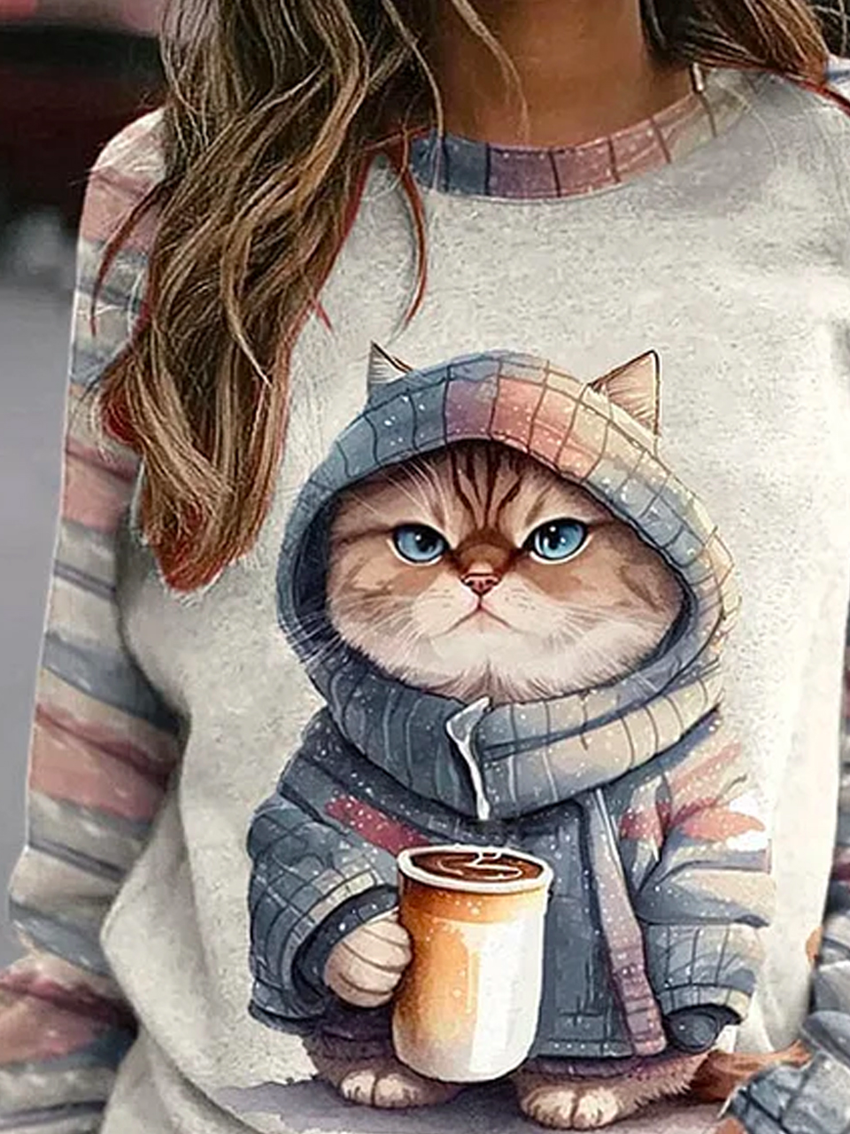 Casual Crew Neck Cat Sweatshirt