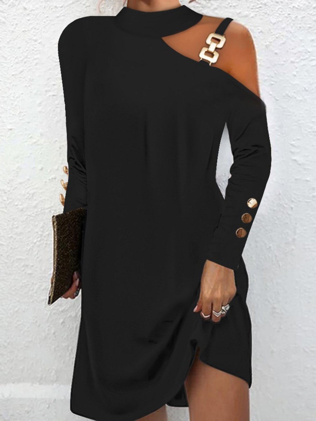 Women Plain One Shoulder Long Sleeve Comfy Casual Short Dress | noracora