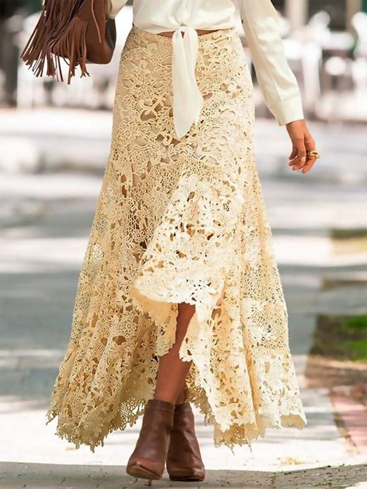 Boho Lace A-Line Natural Lace Maxi Skirt