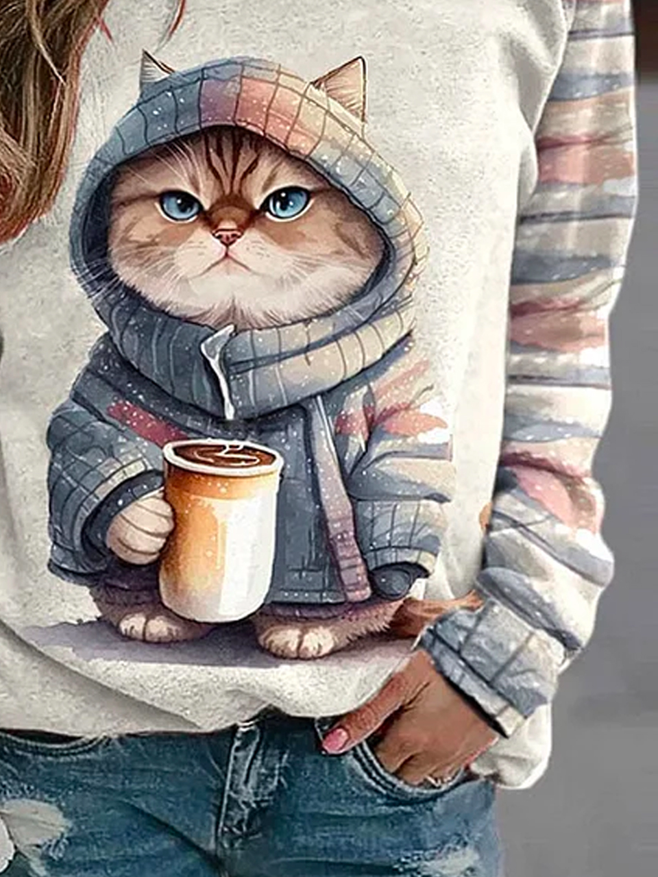 Casual Crew Neck Cat Sweatshirt