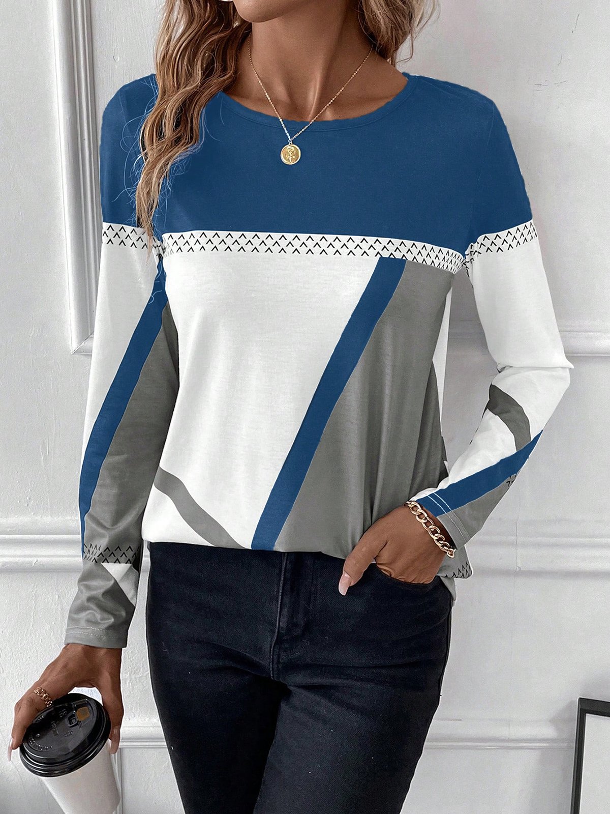 Casual Color Block Crew Neck Long Sleeve T-shirt