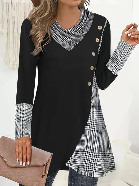 Long Sleeve Plaid Buttoned Regular Micro-Elasticity Loose TUNIC Blouse For Women