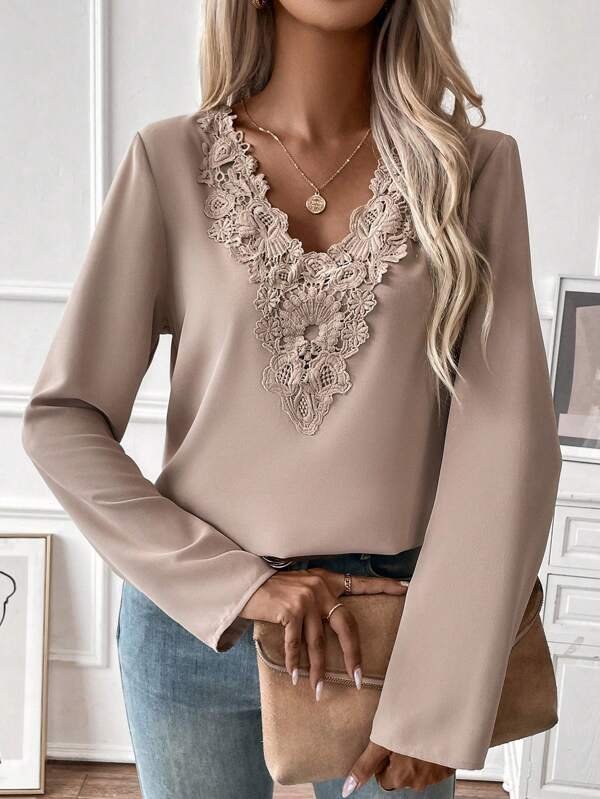 Lace Collar Long Sleeve Plain Split Joint Regular Micro-Elasticity Loose TUNIC Shirt For Women