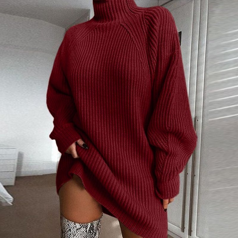 Women Plain Turtleneck Long Sleeve Comfy Casual Midi Sweater Dress