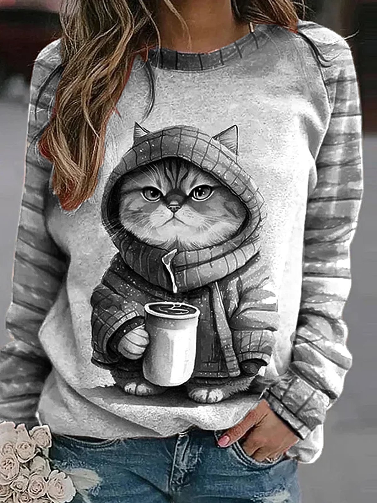 Casual Crew Neck Cat Sweatshirt