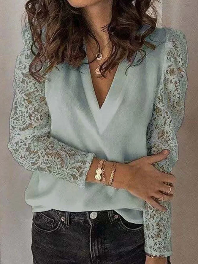V Neck Long Sleeve Plain Lace Regular Loose Shirt For Women