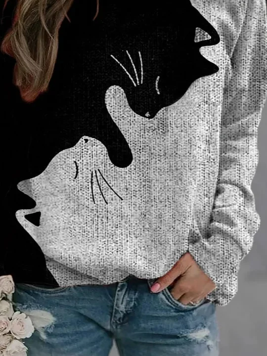 Casual Crew Neck Cat Sweatshirt