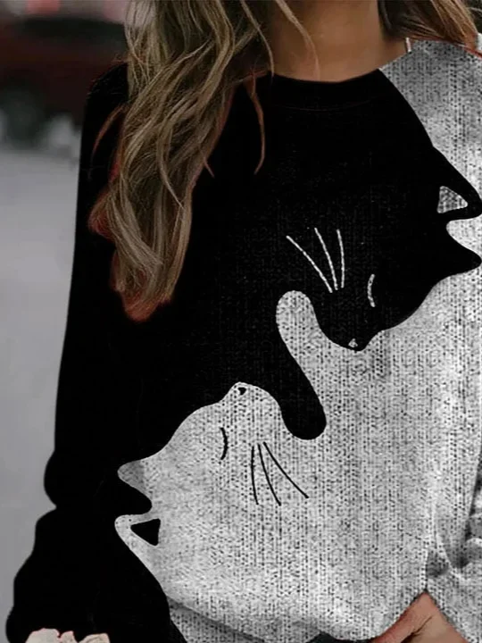 Casual Crew Neck Cat Sweatshirt