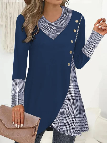 Long Sleeve Plaid Buttoned Regular Micro-Elasticity Loose TUNIC Blouse For Women