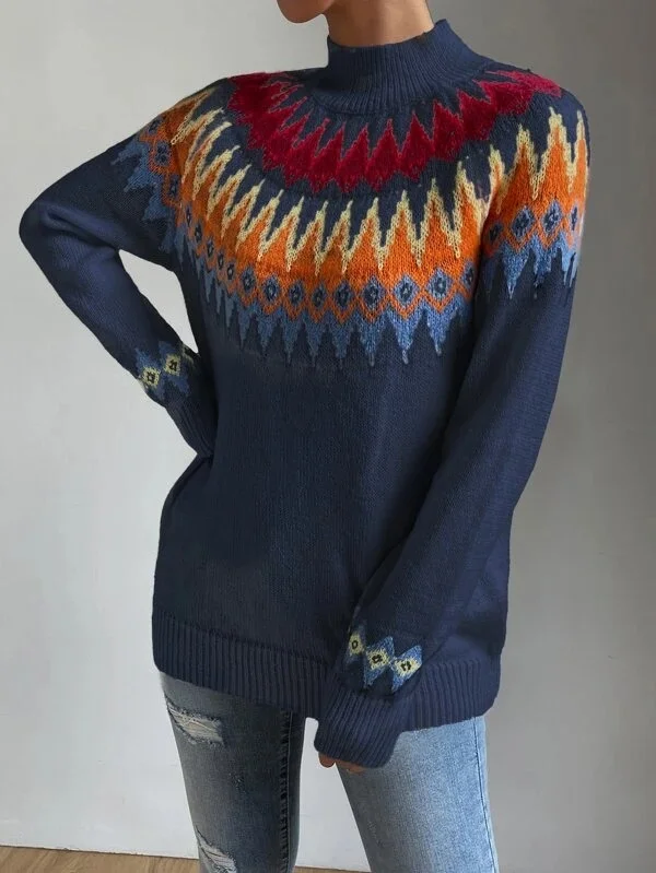 Women Yarn/Wool Yarn Geometric Long Sleeve Comfy Boho Sweater