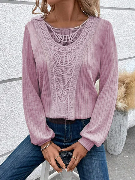 Crew Neck Balloon Sleeve Long Sleeve Plain Lace Regular Micro-Elasticity Loose TUNIC Blouse For Women