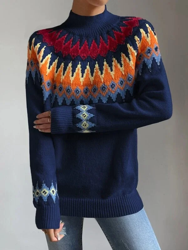 Women Yarn/Wool Yarn Geometric Long Sleeve Comfy Boho Sweater