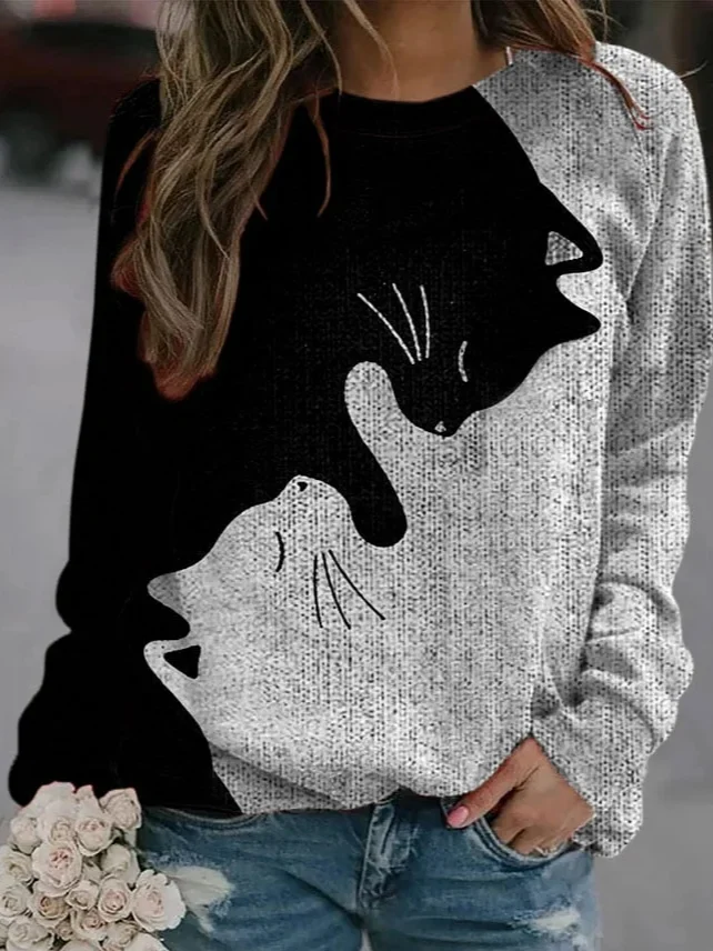 Casual Crew Neck Cat Sweatshirt