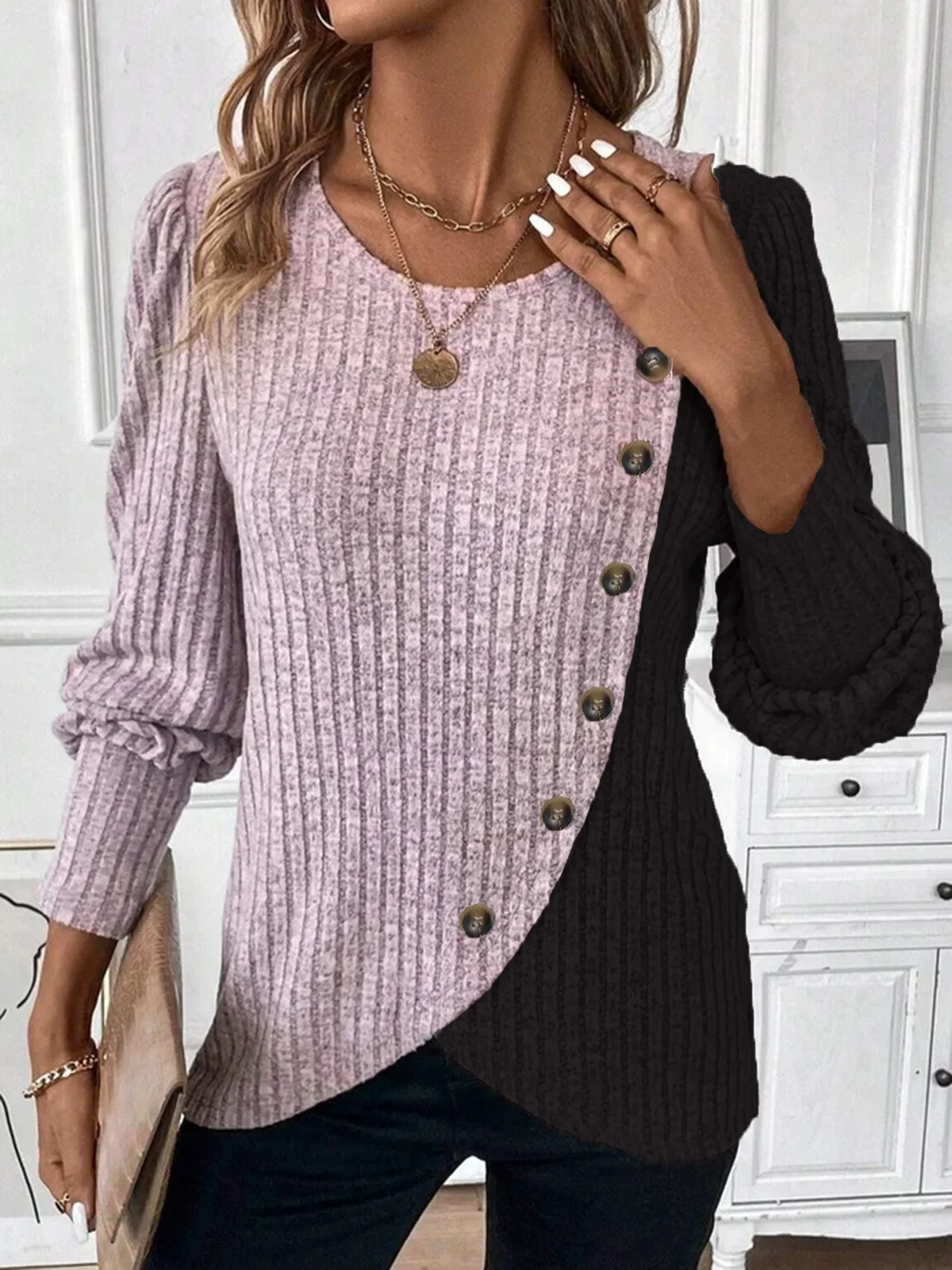 Crew Neck Long Sleeve Color Block Buttoned Regular Micro-Elasticity Loose Blouse For Women