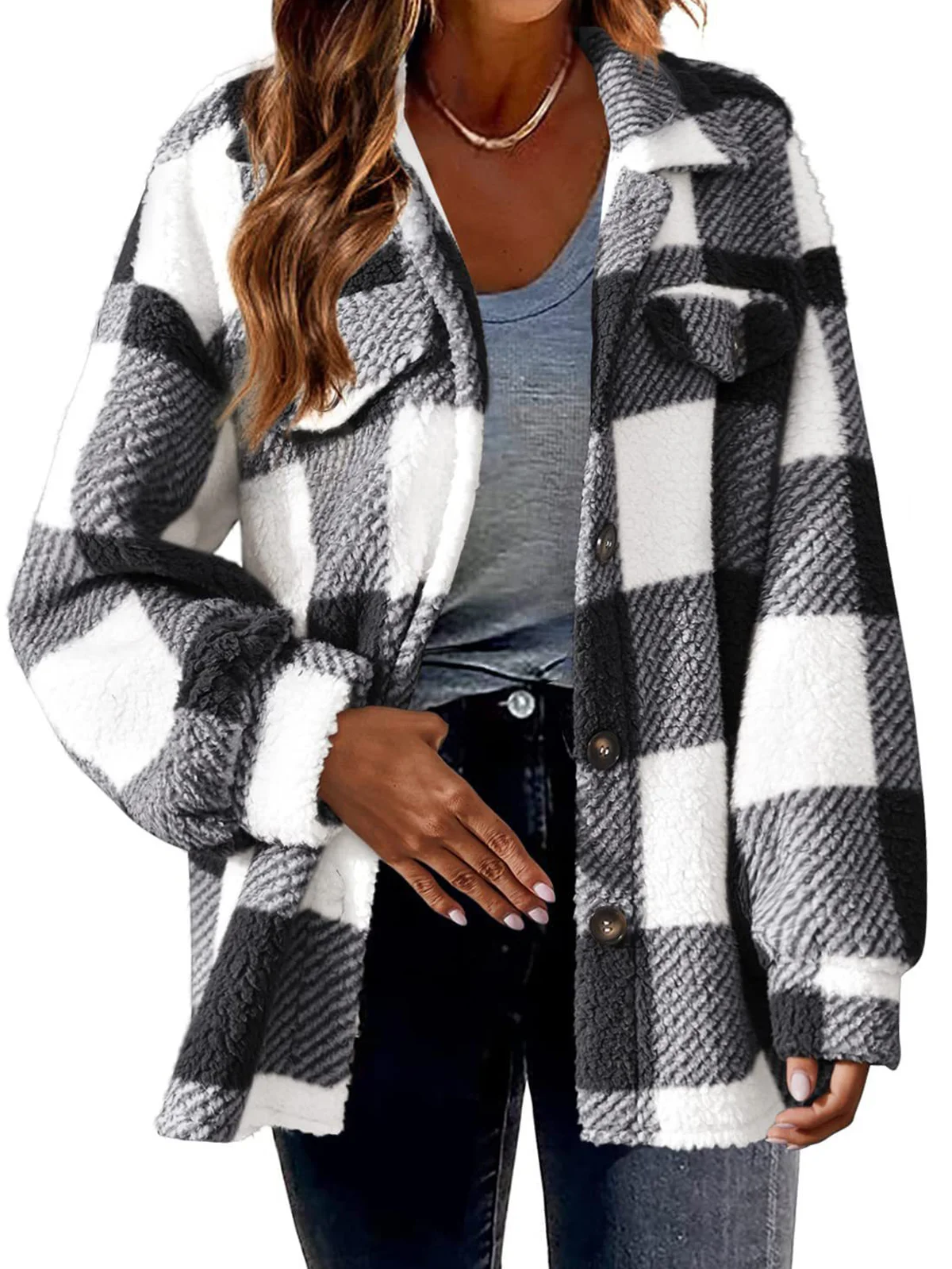 Women's Plaid Fleece Loose Winter Teddy Jacket