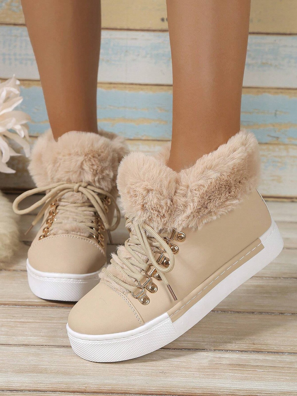 Casual Plain Wearable Lace-Up Flat Heel Snow Boots Split Joint