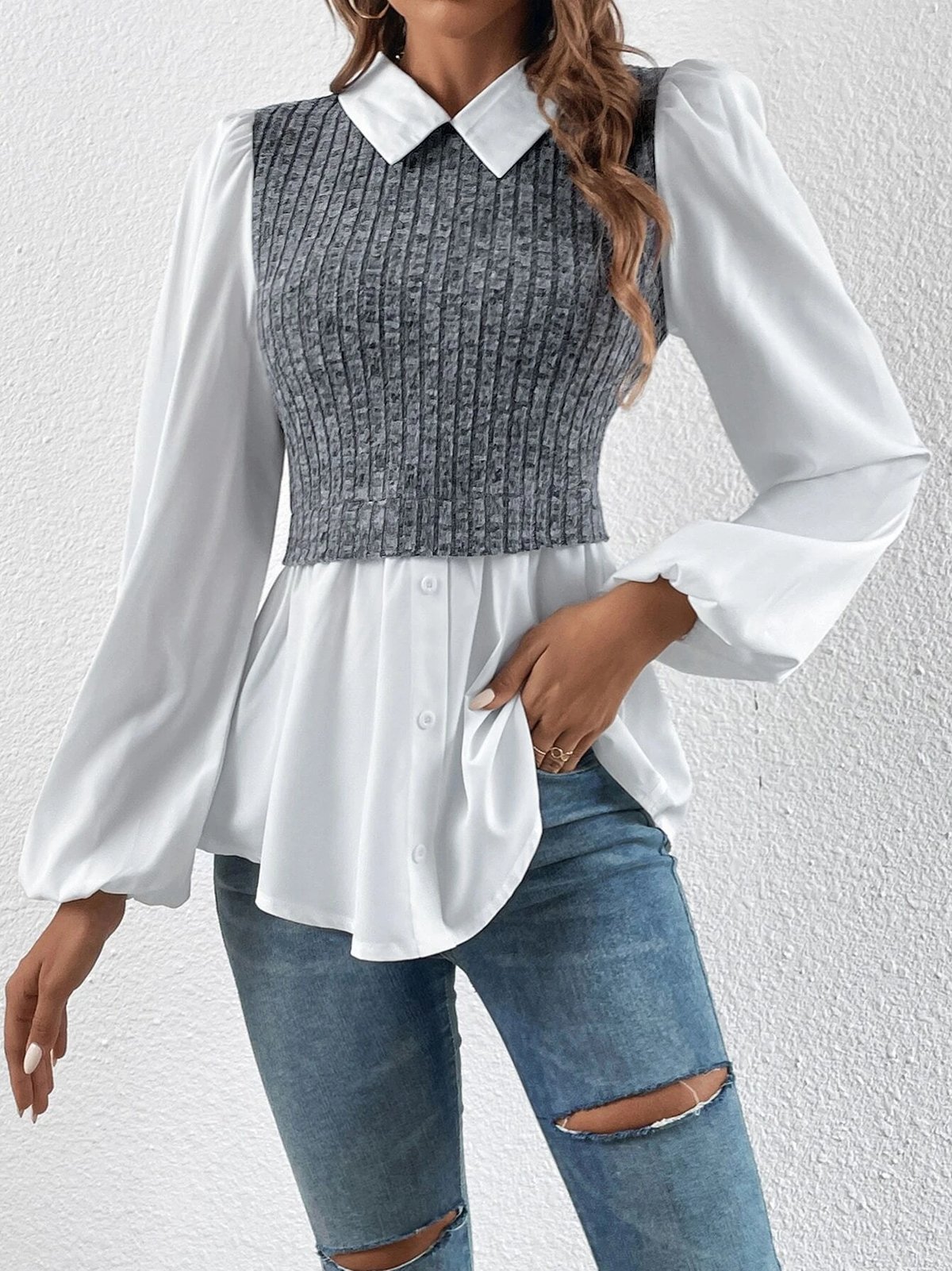 Shirt Collar Long Sleeve Color Block Regular Micro-Elasticity Loose Shirt For Women