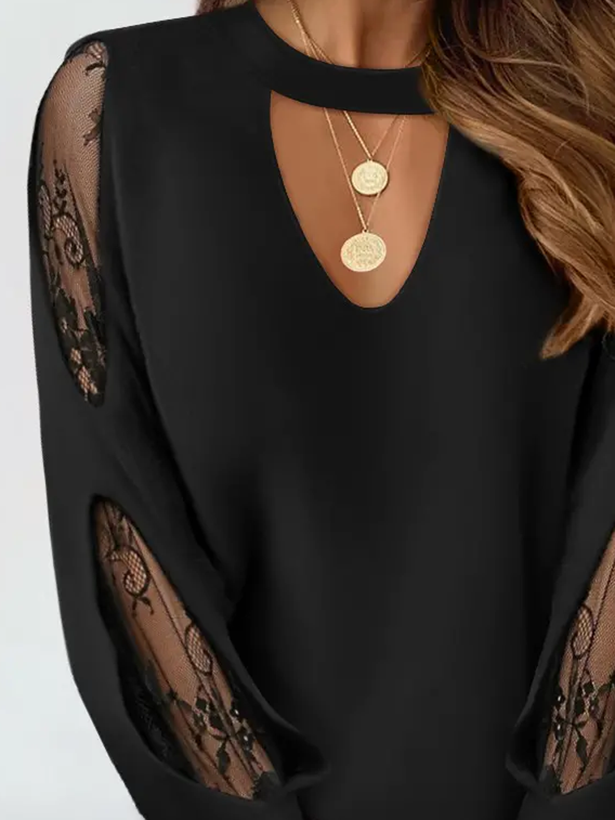 Notched Long Sleeve Plain Lace Regular Micro-Elasticity Loose Shirt For Women