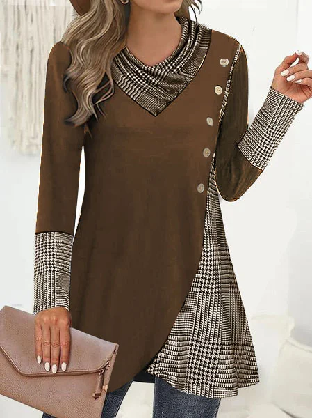 Long Sleeve Plaid Buttoned Regular Micro-Elasticity Loose TUNIC Blouse For Women