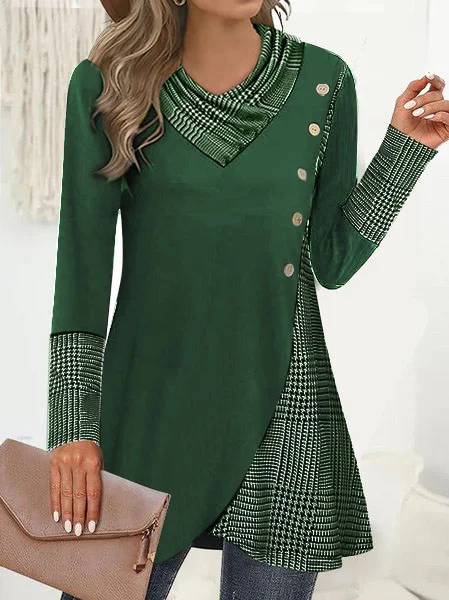 Long Sleeve Plaid Buttoned Regular Micro-Elasticity Loose TUNIC Blouse For Women