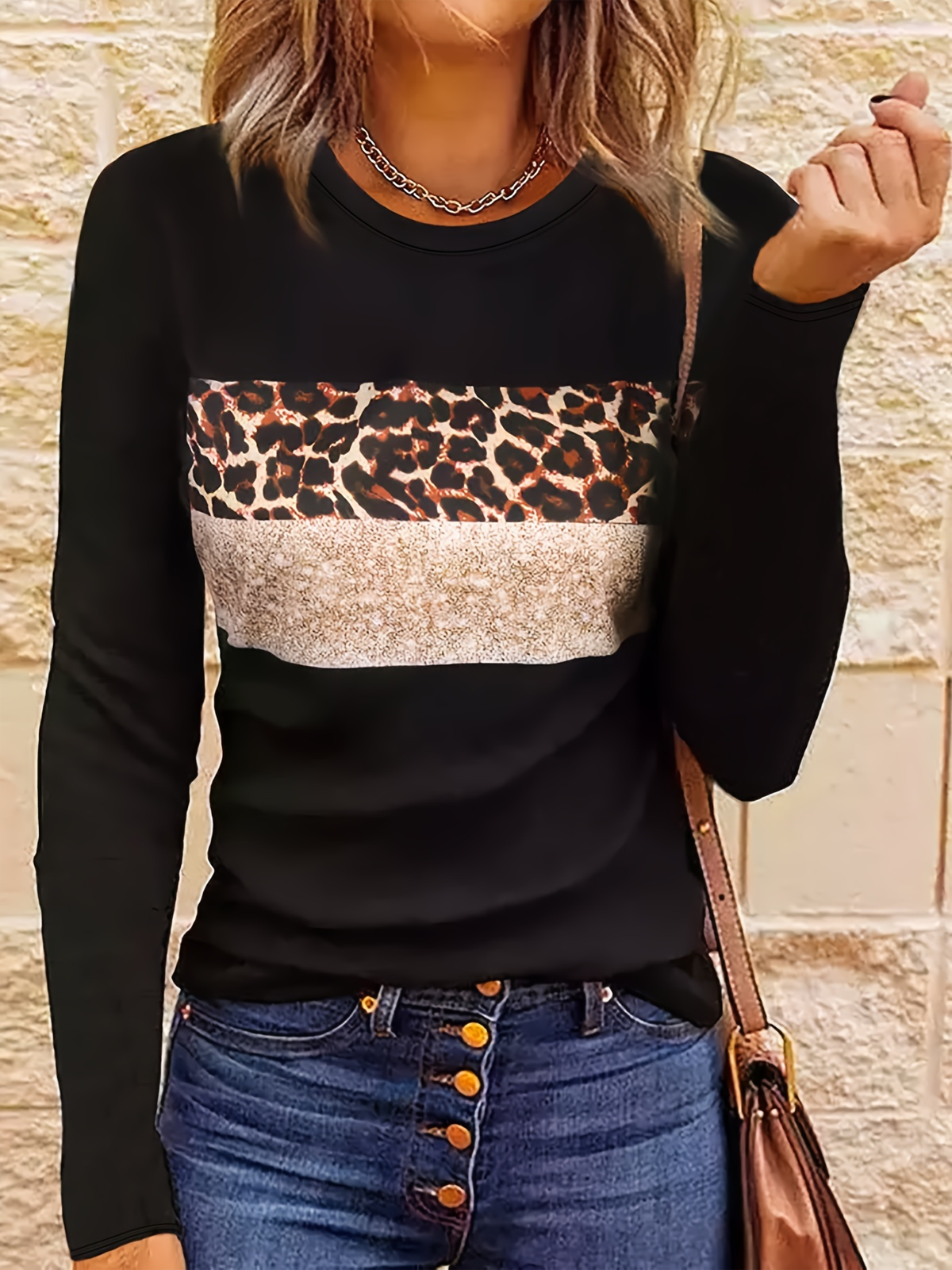 Casual Color Block Crew Neck Long Sleeve T-shirt