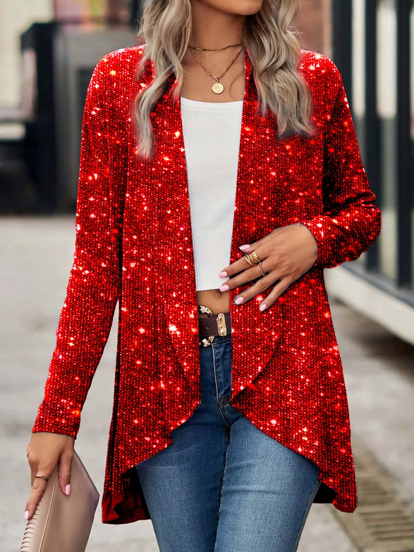 Women's Plain Glitter Regular Mid-long Loose Jacket