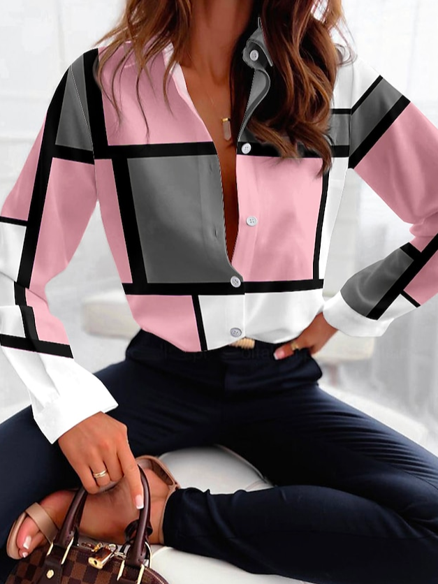 Shirt Collar Long Sleeve Geometric Regular Loose Shirt For Women