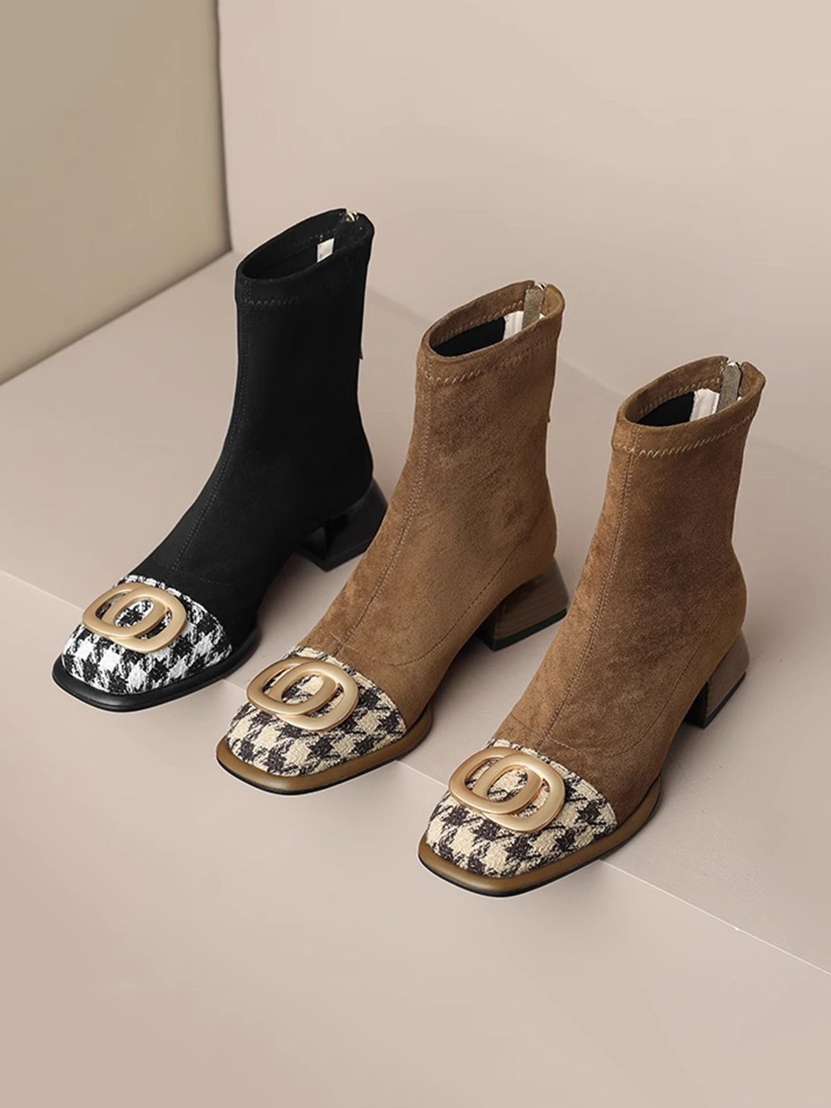 Elegant Houndstooth Non-Slip Zipper Block Heel Dress Boots Split Joint