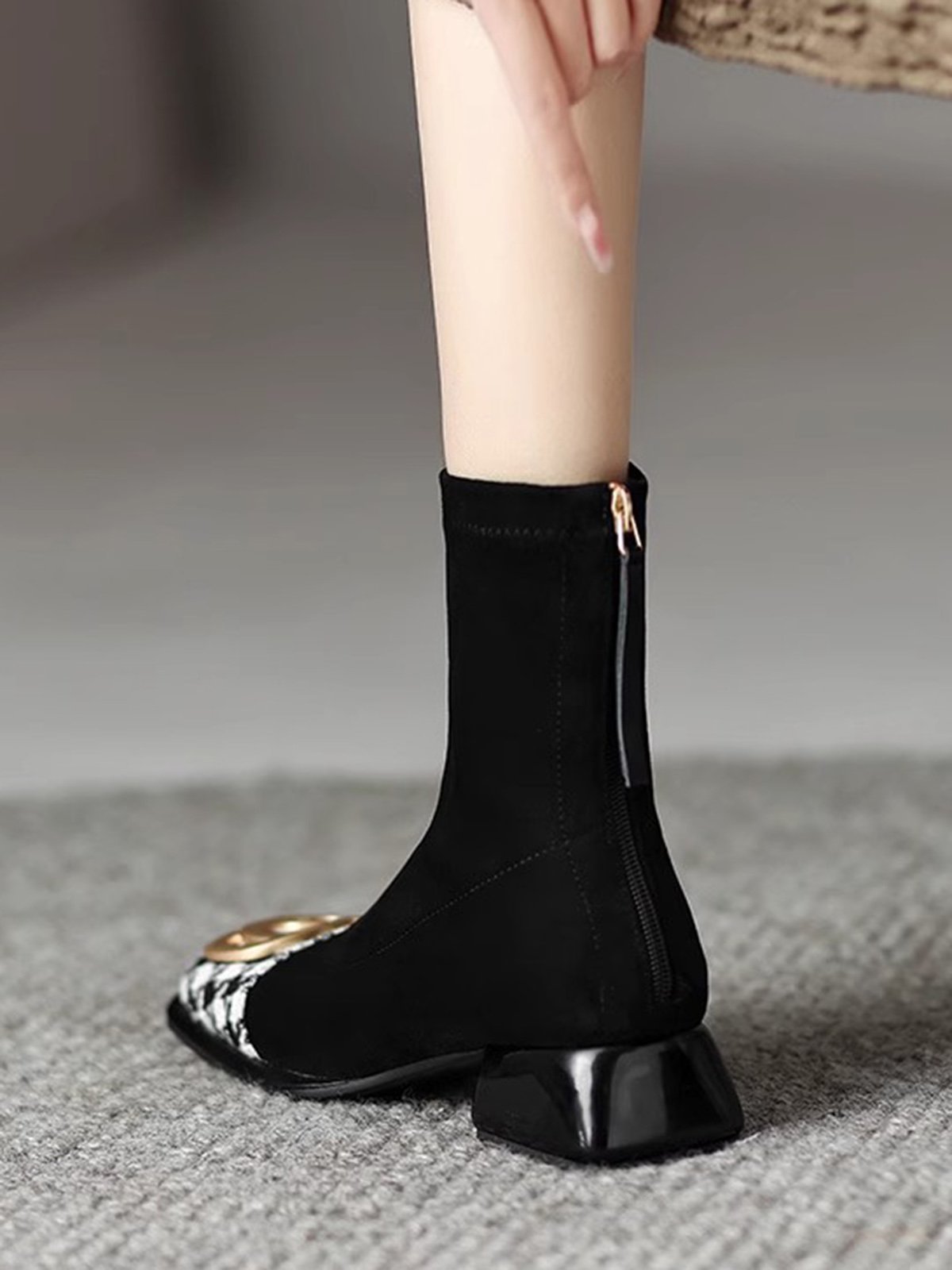 Elegant Houndstooth Non-Slip Zipper Block Heel Dress Boots Split Joint