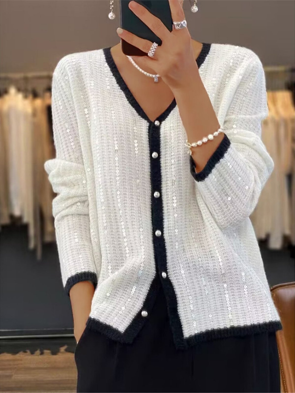 Women's Wool/Knitting Plain Holiday Comfy Casual Glitter Cardigan