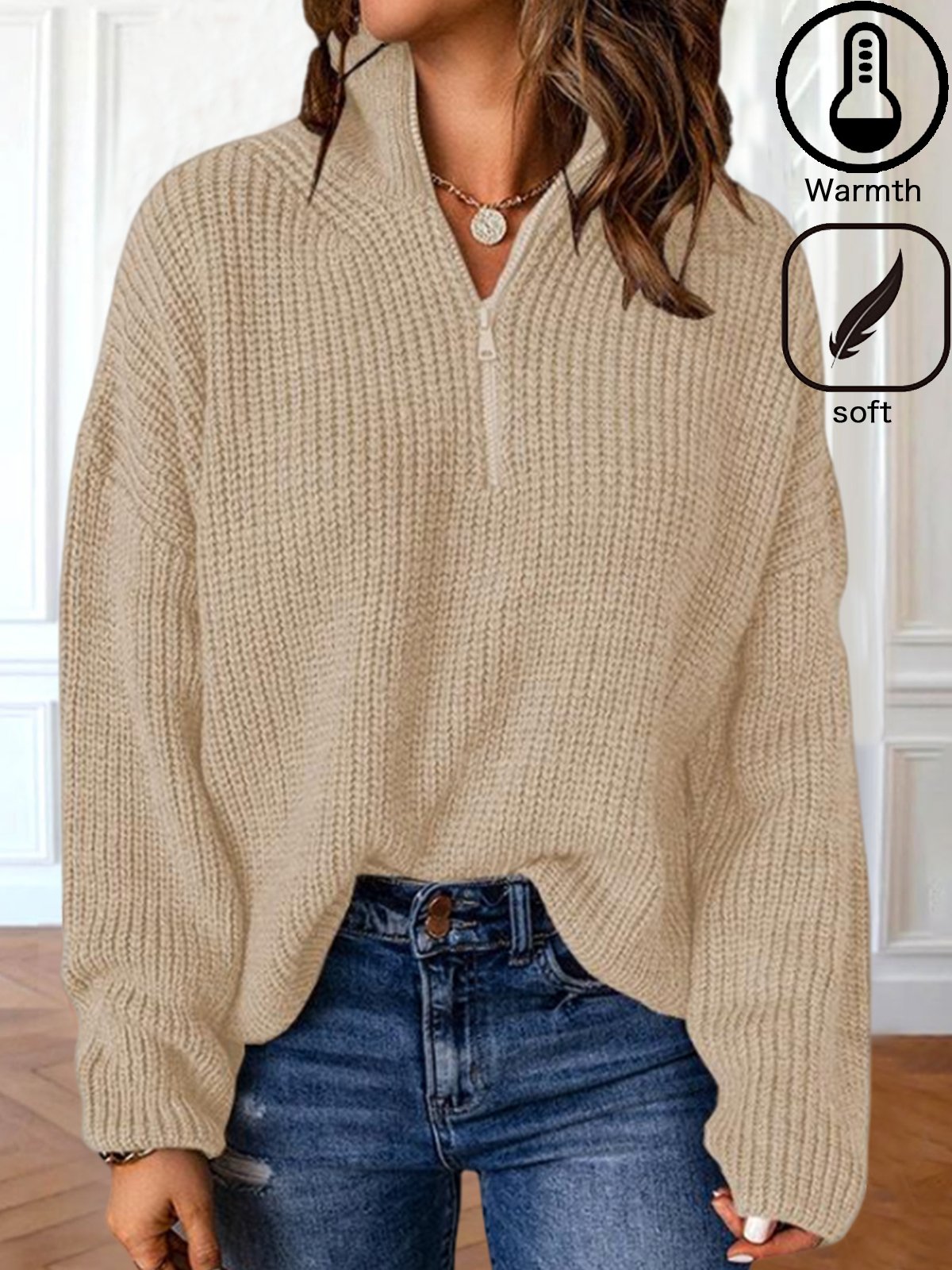 Women Wool/Knitting Plain Long Sleeve Comfy Casual Zipper Sweater