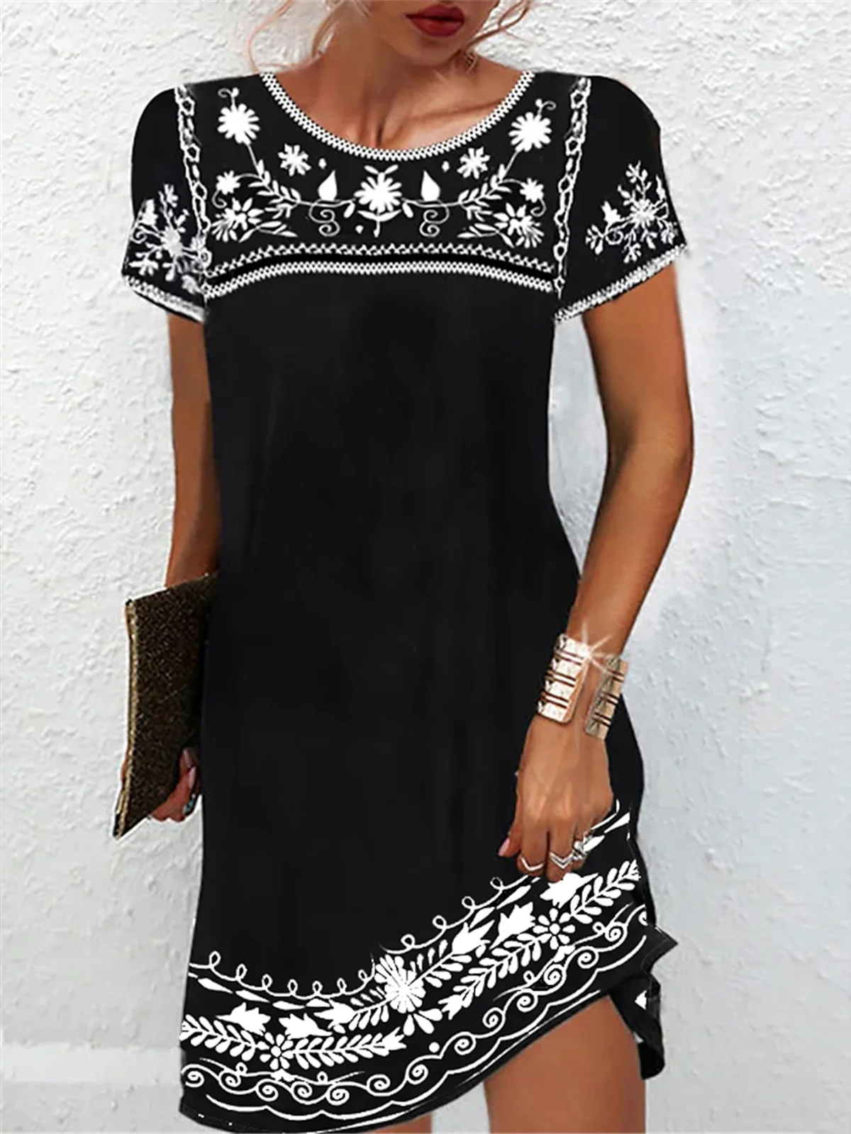 Women Ethnic Crew Neck Short Sleeve Comfy Elegant Mini Dress