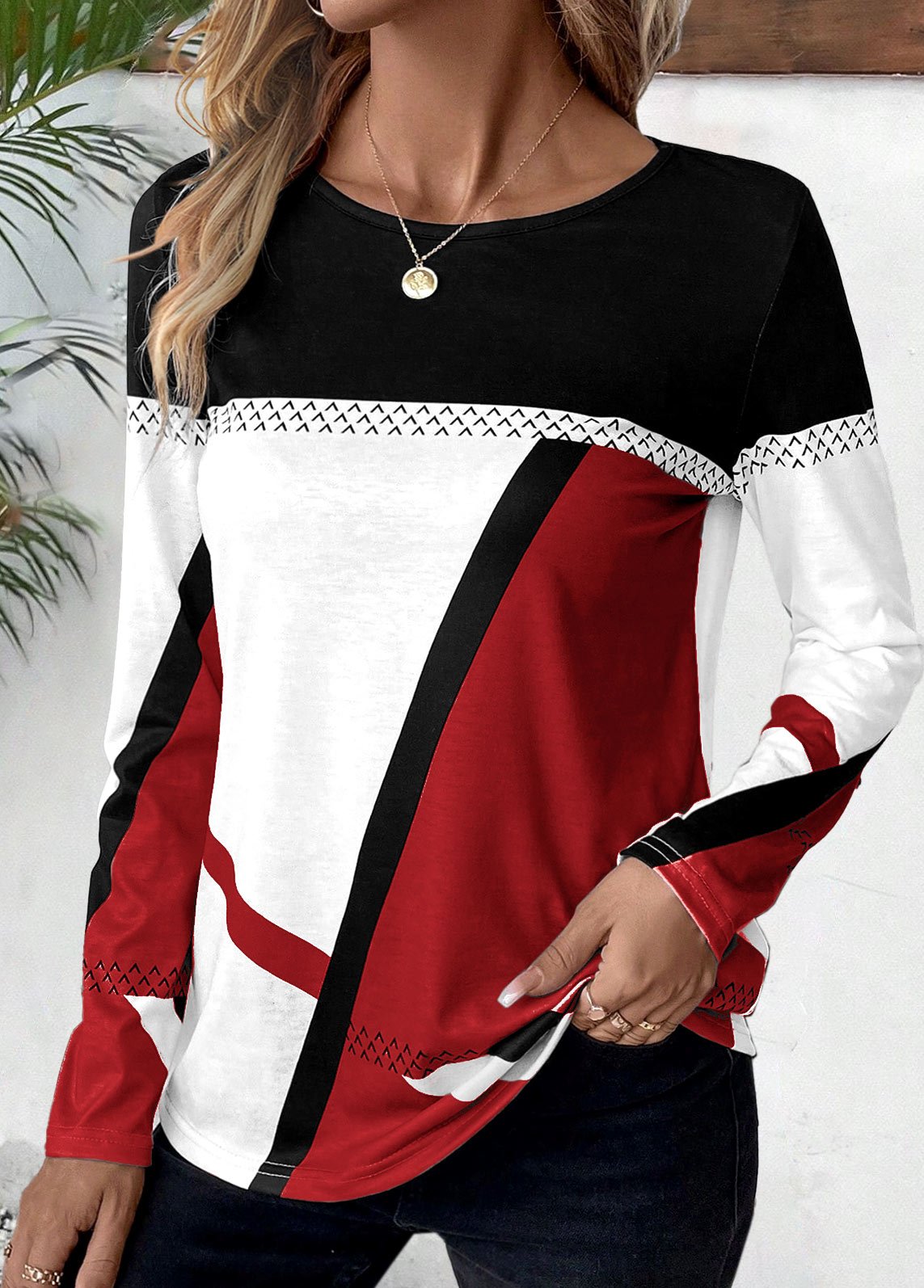 Casual Color Block Crew Neck Long Sleeve T-shirt