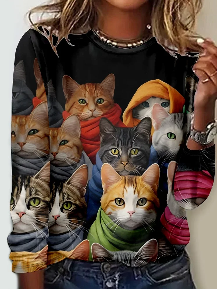 Crew Neck Long Sleeve Cat Regular Micro-Elasticity Regular Fit Blouse For Women