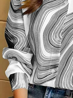 Shirt Collar Long Sleeve Abstract Stripes Open Front Regular Loose Shirt For Women