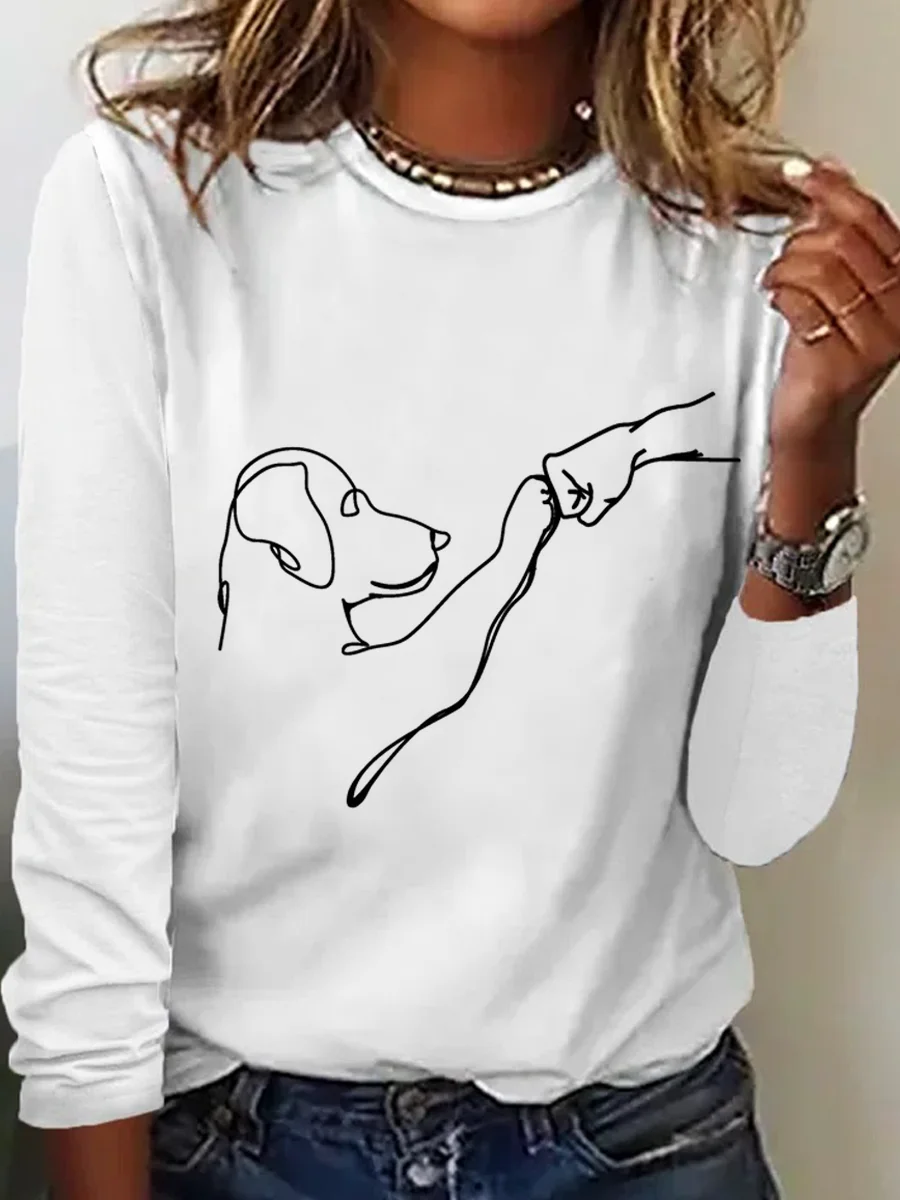 Crew Neck Long Sleeve Text Letters Lightweight Micro-Elasticity Regular Fit Blouse For Women