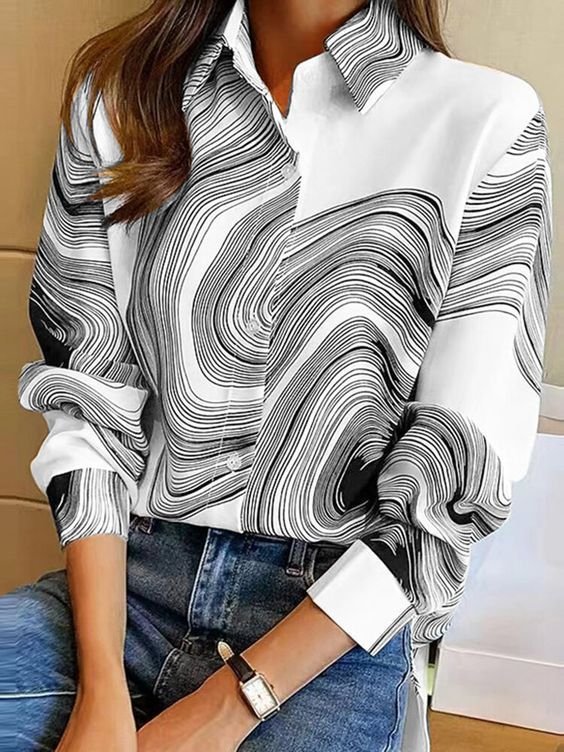 Shirt Collar Long Sleeve Abstract Stripes Open Front Regular Loose Shirt For Women