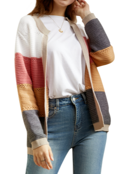 Women Knitted Color Block Long Sleeve Comfy Casual Jacquard Cardigan