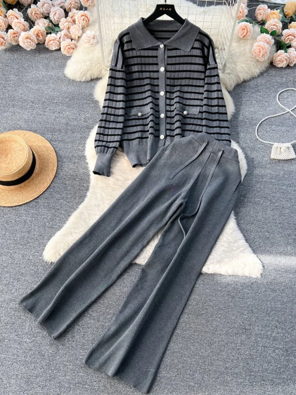 Women Striped V Neck Long Sleeve Comfy Casual Split Joint Top With Pants Two-Piece Set