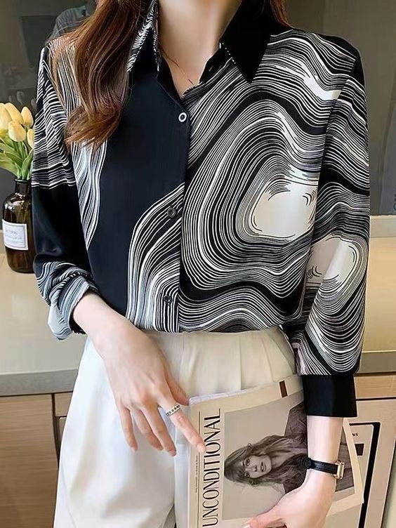 Shirt Collar Long Sleeve Abstract Stripes Open Front Regular Loose Shirt For Women