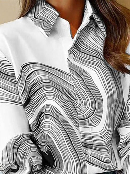 Shirt Collar Long Sleeve Abstract Stripes Open Front Regular Loose Shirt For Women