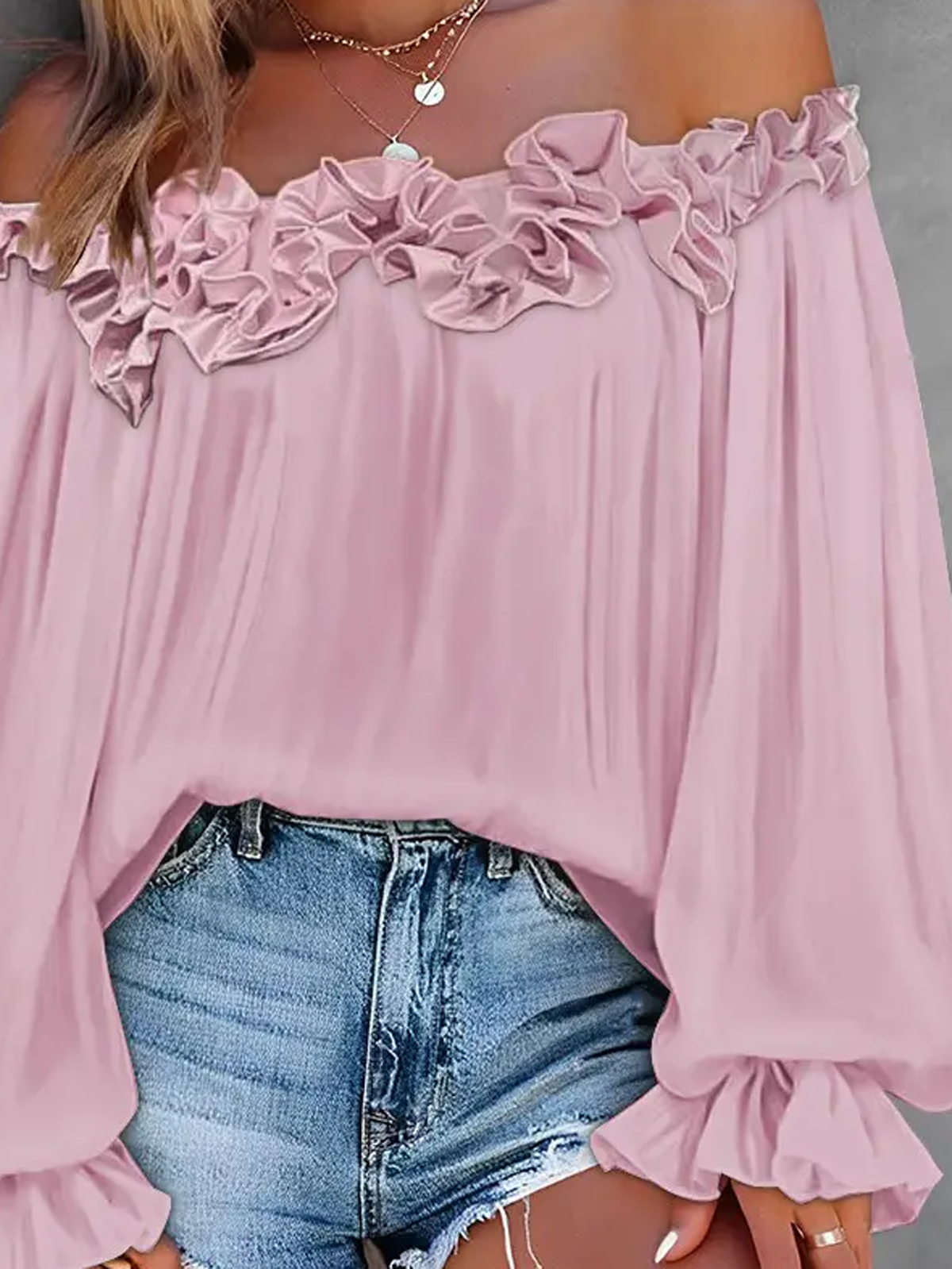 Women's Blouse Frill Trim Cold Shoulder Long Sleeve Plain Regular Loose Shirt