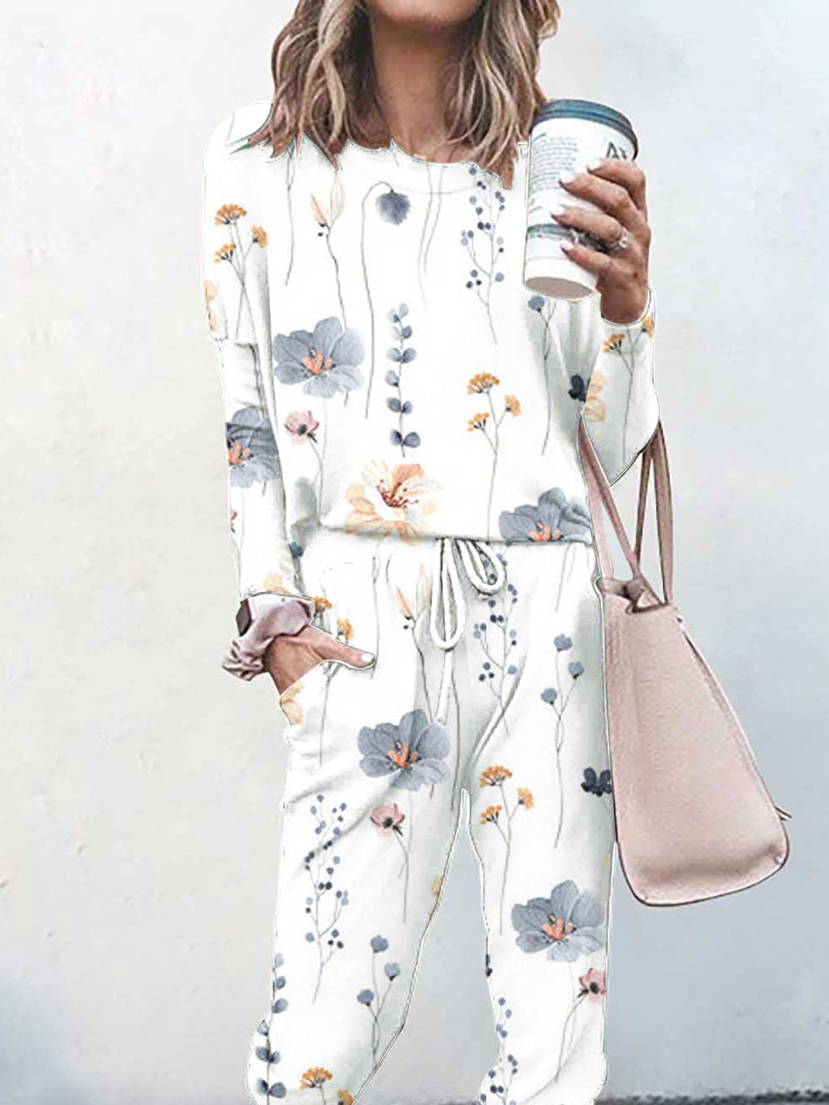Women Floral Print Long Sleeve Comfy Casual Top With Pants Two-Piece Set