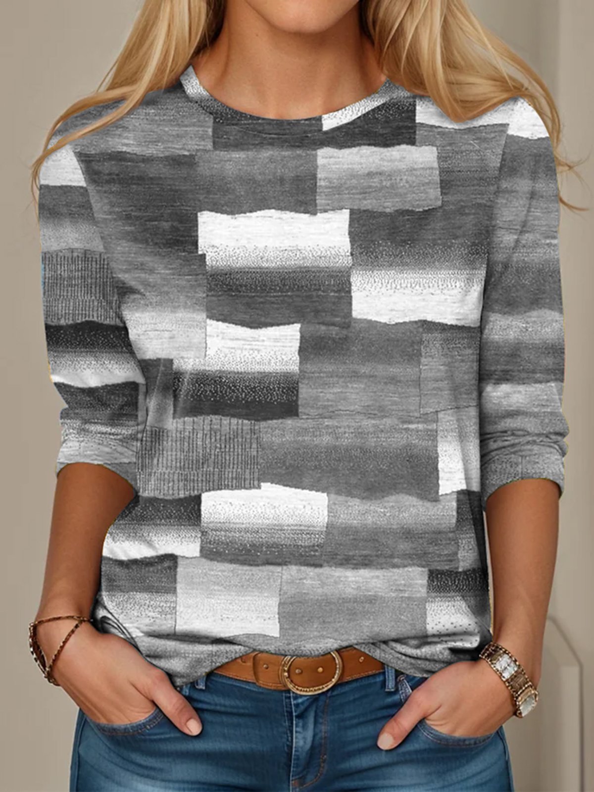 Casual Multicolor Block Crew Neck Long Sleeve T-shirt