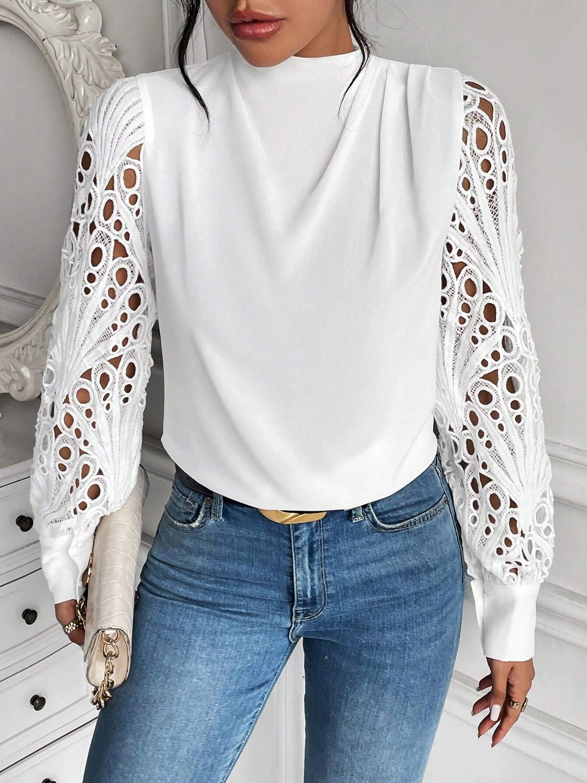 Stand Collar Long Sleeve Plain Lace Regular Loose Shirt For Women