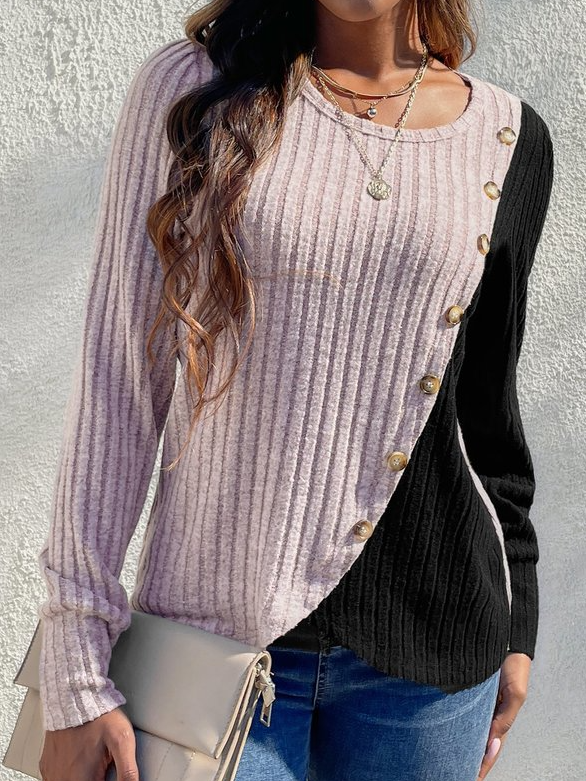 Crew Neck Long Sleeve Color Block Buttoned Regular Micro-Elasticity Loose Blouse For Women